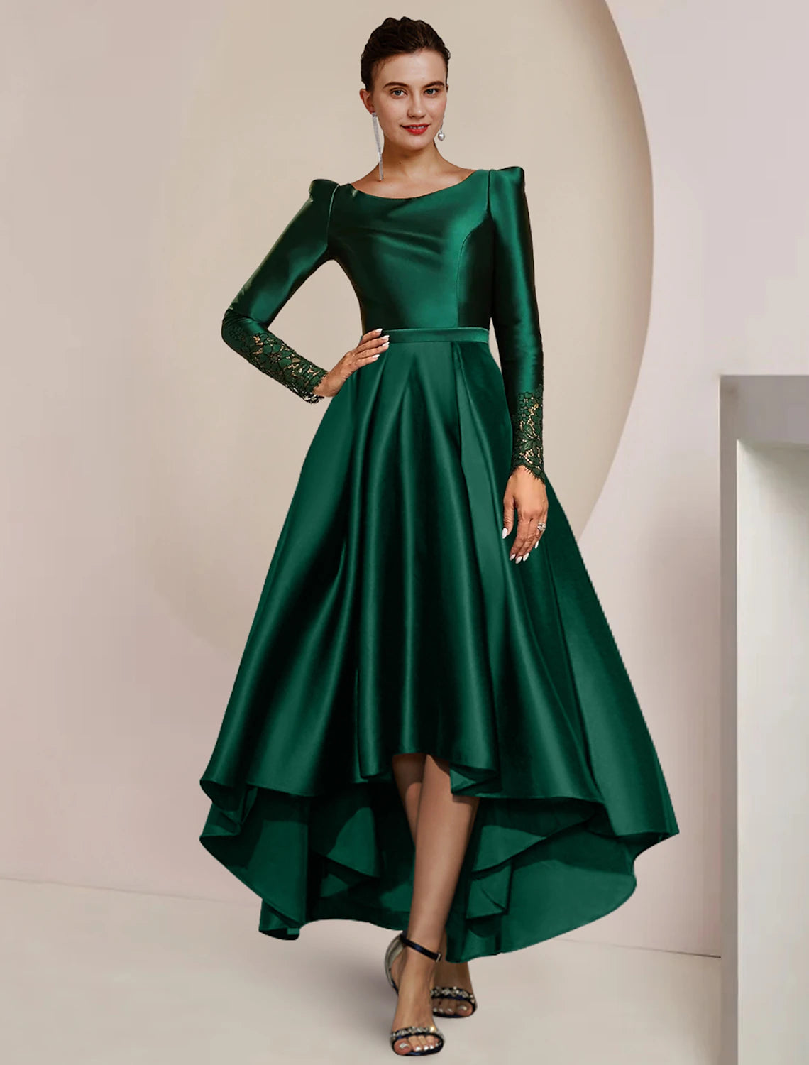 Wholesale  A-Line Mother of the Bride Dress Wedding Guest Party Elegant High Low Scoop Neck Asymmetrical Tea Length Satin Lace Long Sleeve with Pleats